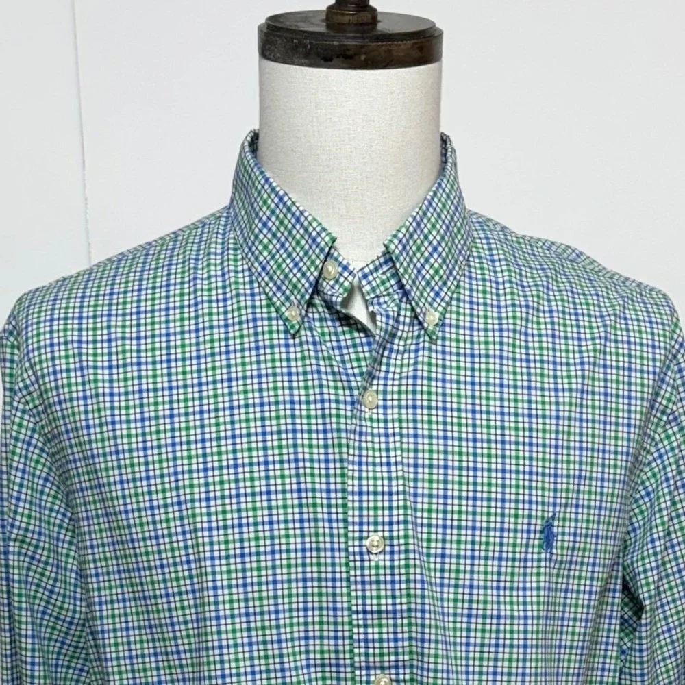 Polo Ralph Lauren Shirt Mens XL Green Blue‎ Gingham Plaid Long Sleeve Stretch